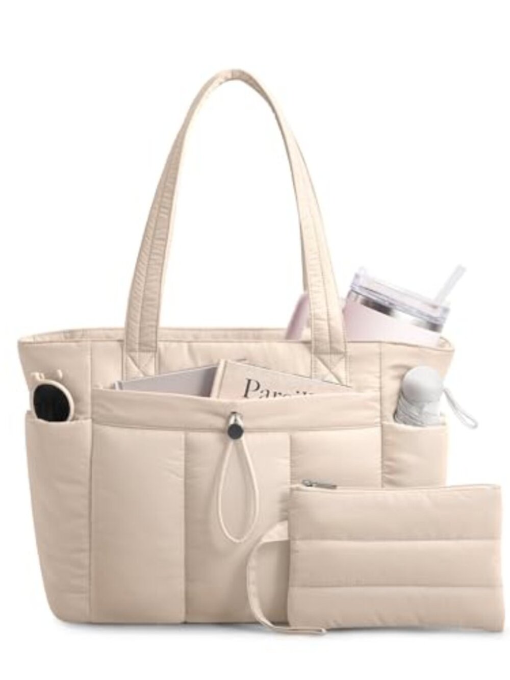 Puffy Tote Bag with Cup Holder & Laptop Compartment & Cosmetics Pouch, Machine